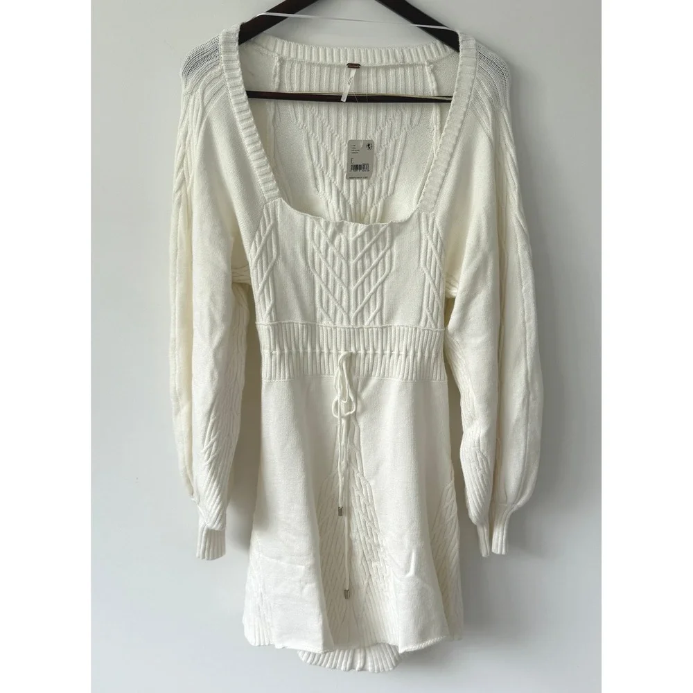 Free People Women's White Emmaline Knit Mini Sweater Dress Size Large NWT